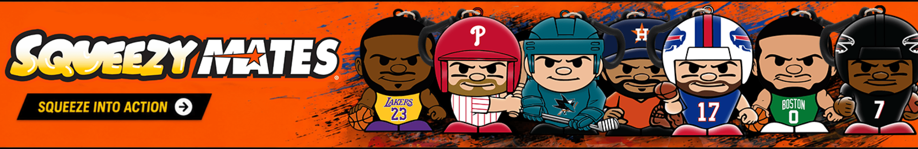SqueezyMates squeezable sports figures. Squeeze into action.